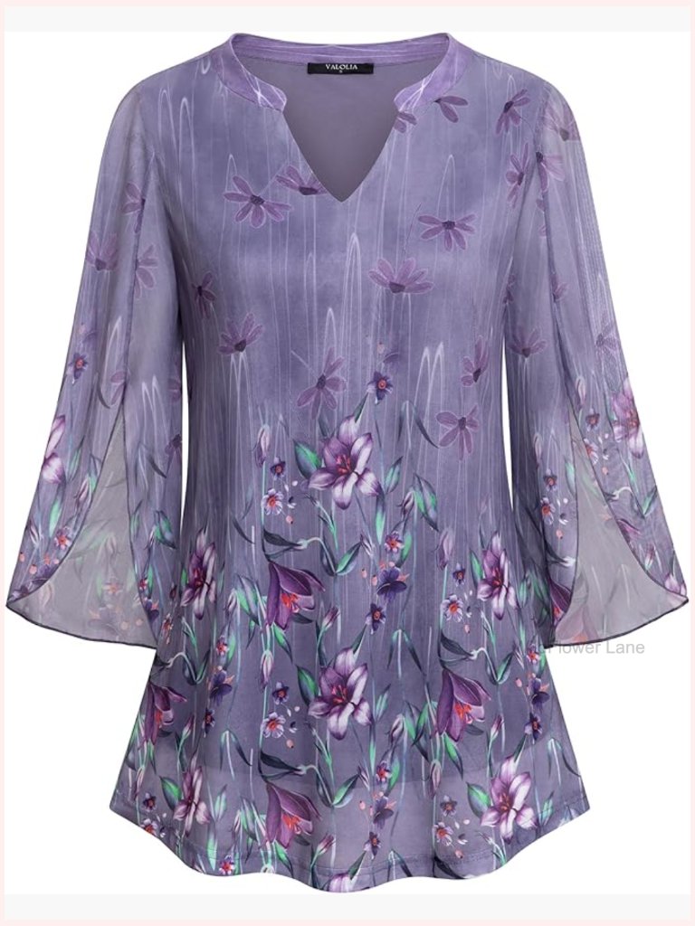3/4 Sleeve Floral Tunic V Neck Double Layers Loose Fit Mesh Blouse Shirt